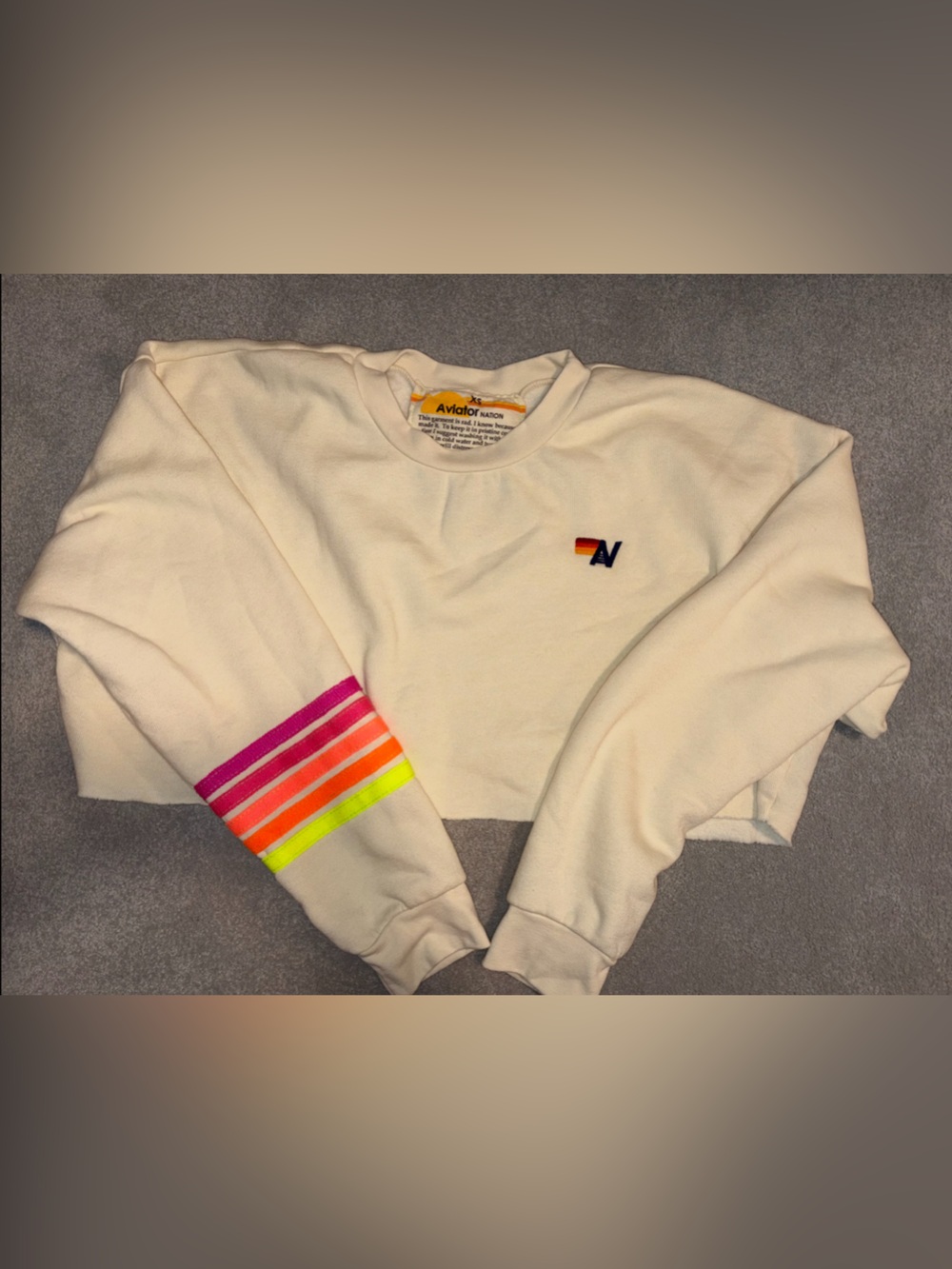 Aviator Nation Cream Cropped Sweatshirt with Neon Stripe Sleeve